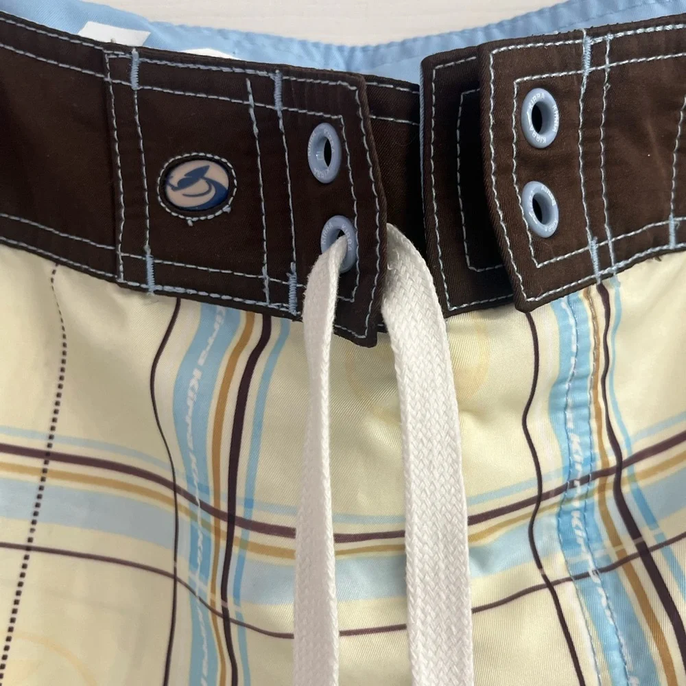 Kirra Men’s Board Shorts Yellow Checkered Pattern Brown Border Drawstring 34 - Picture 3 of 10